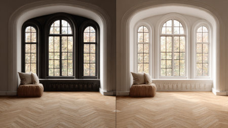 A striking visual contrast between dark and light window designs, highlighting natural light and inviting textures in a beautifully styled interior space. Perfect for inspiration.の素材