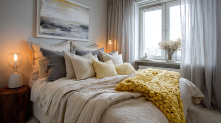 A cozy modern bedroom showcasing a plush bed with decorative pillows and a vibrant yellow blanket, illuminated softly to enhance a warm and inviting ambiance.の素材