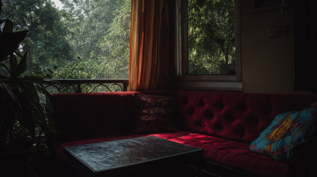 A serene and inviting living space featuring a red tufted sofa, complemented by a small coffee table and lush greenery, perfect for relaxation and comfort.の素材