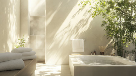 Bright and airy bathroom featuring natural light, soft towels, and lush plants creates a tranquil atmosphere ideal for relaxation and self-care routines.の素材
