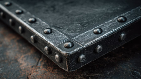 Detailed close-up of textured black leather showcasing rivets and stitching, ideal for projects in fashion, design, or crafting, emphasizing quality and durability.の素材