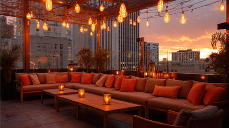 A stunning rooftop lounge featuring inviting seating and warm lighting, ideal for social gatherings or relaxation while enjoying a sunset view over the city skyline.の素材