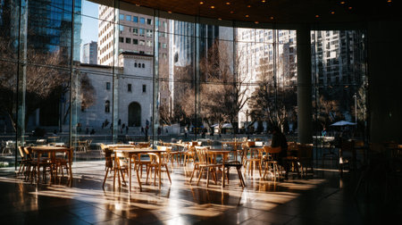 A bright urban cafe scene with ample sunlight flooding in through floor-to-ceiling windows, showcasing modern furniture and a vibrant city atmosphere perfect for relaxation and socializing.の素材