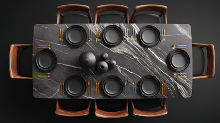 An exquisite view of a modern dining table elegantly set with black plates and stylish wooden chairs, perfect for creating a sophisticated dining atmosphere and memorable gatherings.の素材