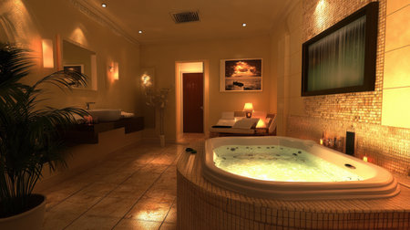 A tranquil spa room featuring a cozy bathtub, warm lighting, elegant decor, and a relaxing atmosphere, perfect for unwinding and rejuvenating the senses.の素材