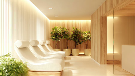 A peaceful interior showcasing comfortable lounge chairs and lush indoor plants, inviting relaxation and a tranquil atmosphere for wellness and rejuvenation.の素材