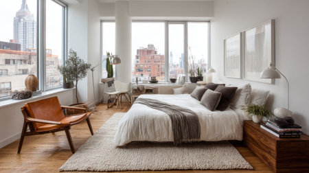 Stylish urban bedroom with large windows showcasing a city skyline, designed for comfort and relaxation. Features elegant furniture and natural dの素材