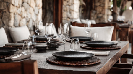 A beautifully arranged dining table featuring textured plates, elegant glassware, and a rustic stone backdrop, perfect for sophisticated meals and inviting settings.の素材