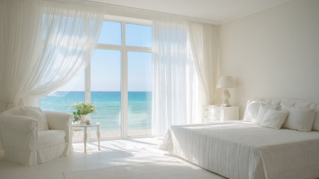 Bright and airy coastal bedroom featuring sheer curtains and a breathtaking ocean view, perfect for relaxation and enjoying serene morning light by the beach.の素材