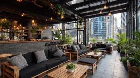 A stylish urban lounge featuring cozy seating, abundant greenery, and large windows showcasing a stunning cityscape, perfect for relaxation and socializing.の素材