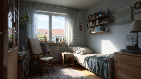 A serene bedroom scene featuring a single bed, bookshelves, and a rocking chair. The natural light pours in through the window, creating a cozy and inviting atmosphere perfect for relaxation.の素材