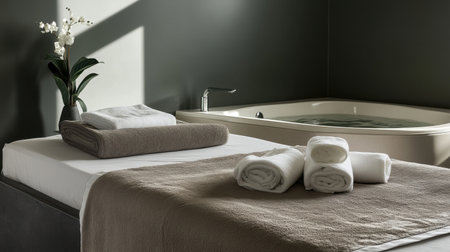 A tranquil spa setting featuring fresh towels, an elegant orchid, and a relaxing bathtub, creating an inviting atmosphere for self-care and wellness experiences.の素材