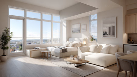 Bright and airy living room with large windows flooding the space with sunlight. The minimalist decor and cozy furniture create a stylish and inviting atmosphere perfect for modern living.の素材
