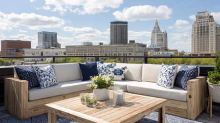 A chic rooftop lounge featuring a wooden sofa adorned with decorative pillows, complemented by an urban skyline backdrop under a bright sky. Perfect for relaxation or outdoor gatherings.の素材