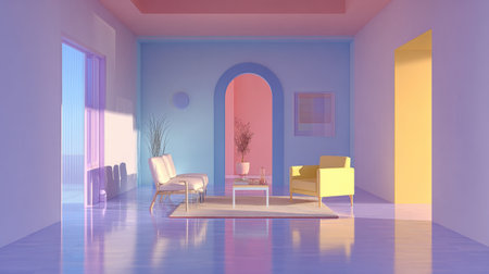 A modern minimalist interior featuring colorful arches and stylish furniture creates a vibrant living space filled with light and tranquility, perfect for relaxation and aesthetic appeal.の素材