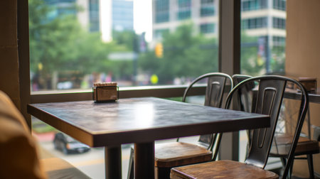 Bright and inviting coffee shop interior featuring a stylish table and chairs, perfect for casual gatherings over drinks while enjoying the urban view.の素材
