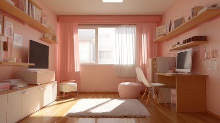 A beautiful pink room featuring modern furniture, a large window bringing in warm natural light, ideal for creative work or relaxation in a cozy environment.の素材