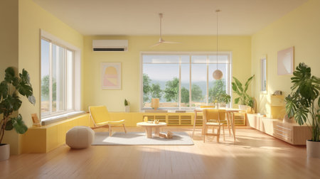 A spacious living room featuring bright yellow walls and modern furniture, showcasing large windows that let in natural light and a view of lush greenery outside.の素材