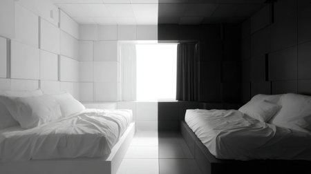 A striking image of a modern bedroom featuring a dramatic contrast between black and white elements, highlighting minimalism, natural light, and stylish decor for a serene atmosphere.の素材