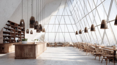 Experience the tranquil ambiance of a modern restaurant characterized by bright spaces, stunning views, and a stylish dの素材