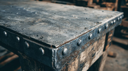 Close-up of a rustic workbench showcasing a weathered wood surface edged with metal. The setting exudes a vintage charm, ideal for artistic or industrial-themed projects.の素材
