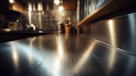 This image captures a polished stainless steel kitchen countertop with reflections, set against a cozy kitchen backdrop, perfect for modern interior design and culinary inspiration.の素材