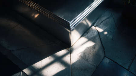 An artistic capture of light and shadow dancing across a polished metal surface and textured stone flooring, highlighting the beauty of modern architectural elements.の素材