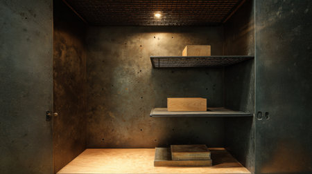A minimalist storage space showcasing clean lines and soft lighting, featuring wooden boxes and metal shelves, ideal for modern interior design and architectural projects.の素材
