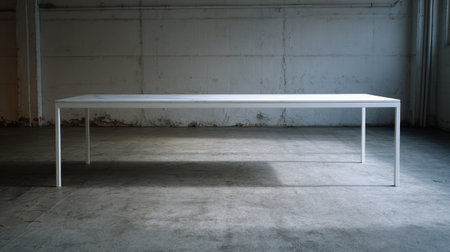 A minimalist white table positioned in an industrial environment, emphasizing modern design and clean lines against a textured concrete wall. Perfect for creative spaces.の素材