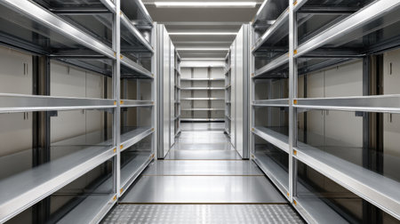 An expansive view of empty storage shelves in a modern warehouse emphasizes minimalist design and ample space for organization, highlighting a clean and efficient storage environment.の素材