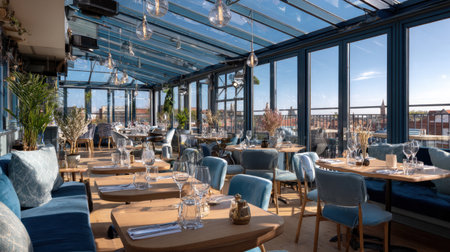 Experience a vibrant restaurant interior that elevates dining with its stylish decor, comfortable seating, and stunning panoramic views, perfect for memorable meals.の素材