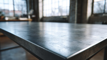 A sleek metal table surface catches natural light in a bright, urban workspace. Ideal for creative projects, this image highlights modern design and clean lines.の素材