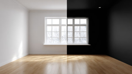 This image captures a unique split in a room, showcasing the striking contrast between brightness and darkness, with light filtering in through a window, enhancing visual appeal.の素材