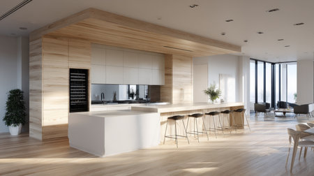 Bright and airy modern kitchen designed with wooden accents, spacious layout, and large windows for natural light, creating an inviting and stylish atmosphere.の素材
