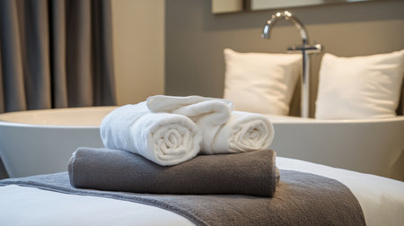 An inviting bathroom scene featuring rolled white towels layered on a bed with a modern bathtub in the backdrop, capturing the essence of luxury and relaxation in hotel accommodations.の素材