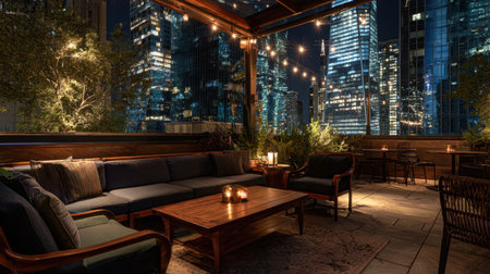 Inviting rooftop lounge space adorned with soft lights and comfortable seating, set against a dazzling city skyline perfect for evening gatherings and relaxation.の素材
