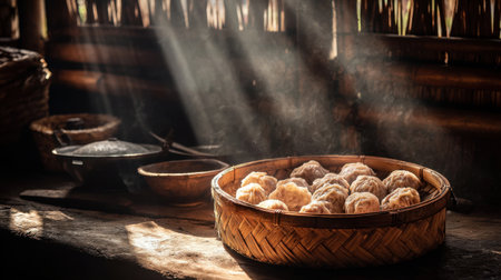 A stunning image capturing sunlight streaming through a rustic kitchen, highlighting a traditional basket filled with steaming dumplings, evoking a sense of warmth and authenticity.の素材