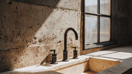 A beautifully designed bathroom featuring a sleek bronze faucet and natural stone sink, illuminated by soft light pouring through a large window, creating a serene atmosphere.の素材