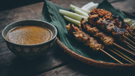 Experience the rich flavors of grilled chicken skewers served with creamy peanut sauce and fresh vegetables, perfect for savory delights and culinary adventures.の素材