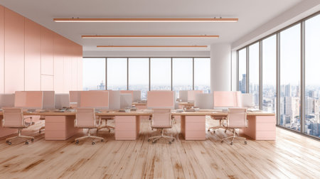 Bright and spacious office interior featuring light wood flooring and large windows, perfect for fostering creativity and productivity in a modern workspace.の素材