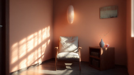 A serene living room corner features warm peach walls, stylish furniture, and soft natural light, creating an inviting space perfect for relaxation and interior design inspiration.の素材