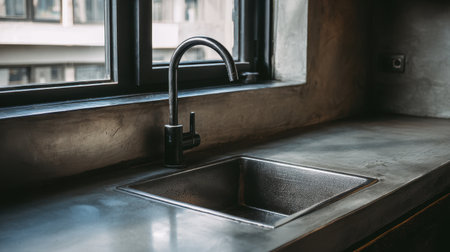 A sleek kitchen sink design with a modern faucet set against an industrial backdrop, showcasing a minimalist aesthetic and stylish use of natural light.の素材