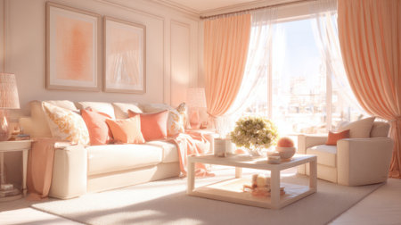 Beautifully designed living room featuring soft coral accents, natural light, and cozy furnishings, ideal for creating a warm and inviting space in a modern home.の素材