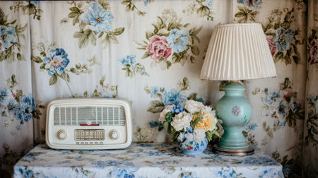 A vintage styled interior featuring a retro radio, classic lamp, and floral wallpaper, creating a cozy and nostalgic atmosphere perfect for home dの素材