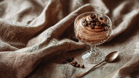 A delectable chocolate mousse sits elegantly in a glass bowl, adorned with coffee beans, set against a soft fabric background for a luxurious dessert experience.の素材