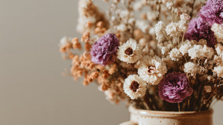 Beautiful dried flower arrangement in a rustic vase, showcasing rich colors and textures, ideal for enhancing home decor and inspiring creative floral styling ideas.の素材