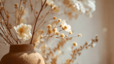 A beautifully arranged display of dried flowers in a rustic clay vase, illuminated by soft natural light, perfect for enhancing home decor and creating a warm ambiance.の素材