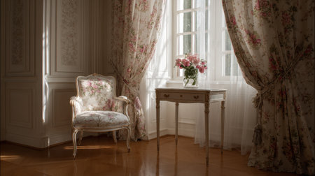 An elegant room showcasing a vintage chair and floral curtains. Sunlight filters through the window, creating a cozy atmosphere enhanced by a charming table with fresh flowers.の素材