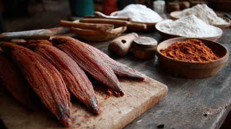 A captivating view of a rustic table showcasing dried fish alongside vibrant spices and flour, highlighting traditional cooking ingredients and tools in a warm, inviting kitchen setting.の素材