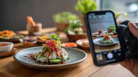 A captivating scene featuring a gourmet dish being photographed, highlighting fresh ingredients and artistic presentation on a wooden table, embodying culinary creativity.の素材